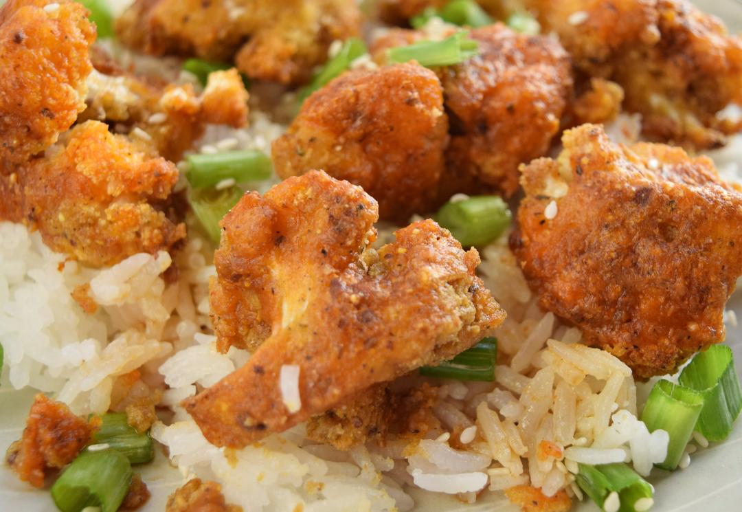 close up of baked cauliflower "chicken"