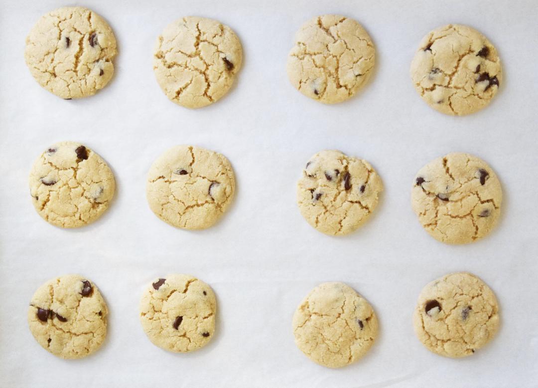 Baked chocolate chip cookies on a cookie sheet