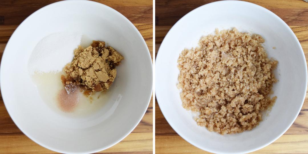 Coconut Oil and brown sugar and white sugar and salt in a bowl