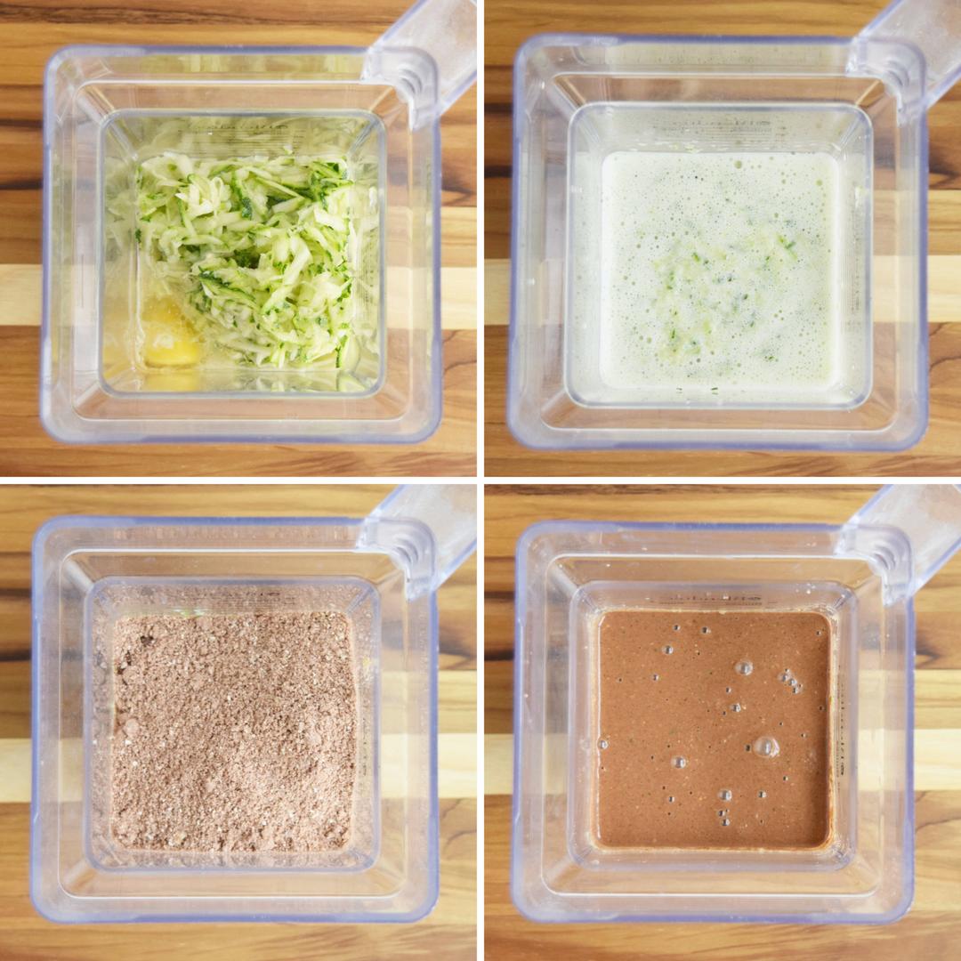 photo collage of wet ingredients and dry ingredients added to the blender and blended