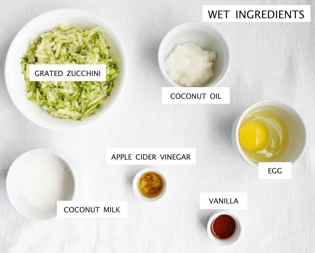 photo of wet ingredients in separate labeled bowls