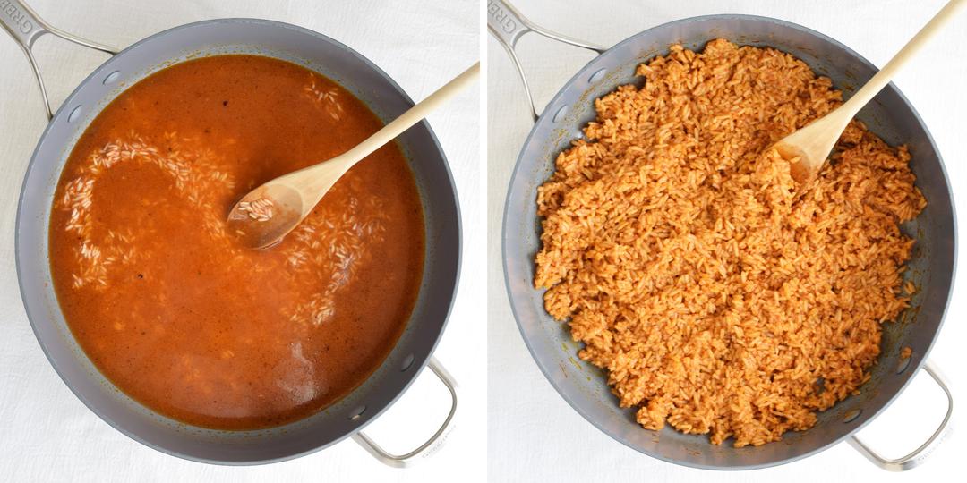 mexican rice cooking in a pan with tomato sauce and water