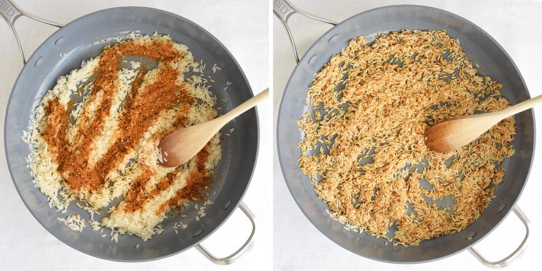 rice in a pan with taco seasoning