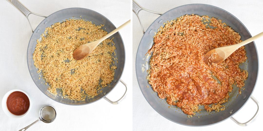 rice in a pan with tomato sauce