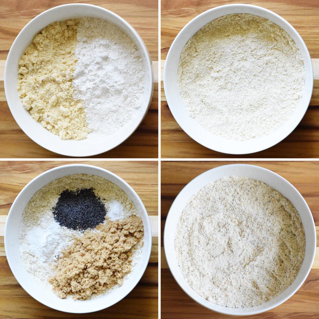 four-image collage showing adding dry ingredients to a bowl and mixing them