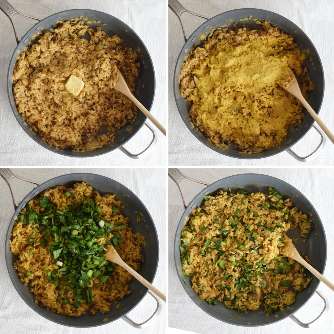 collage of four photos showing steps to add butter, nutritional yeast, spinach, and green onions