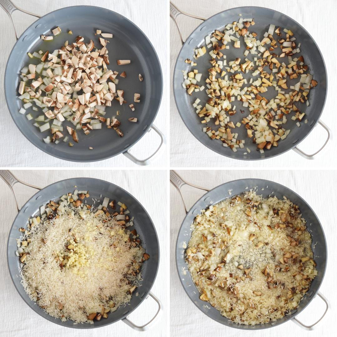 collage of four photos showing steps to saute onion and mushroom