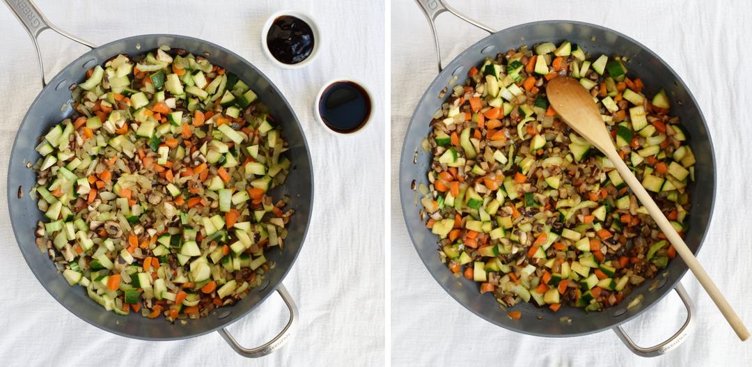 vegetables in a saute pan mixed with tamari and oyster sauce