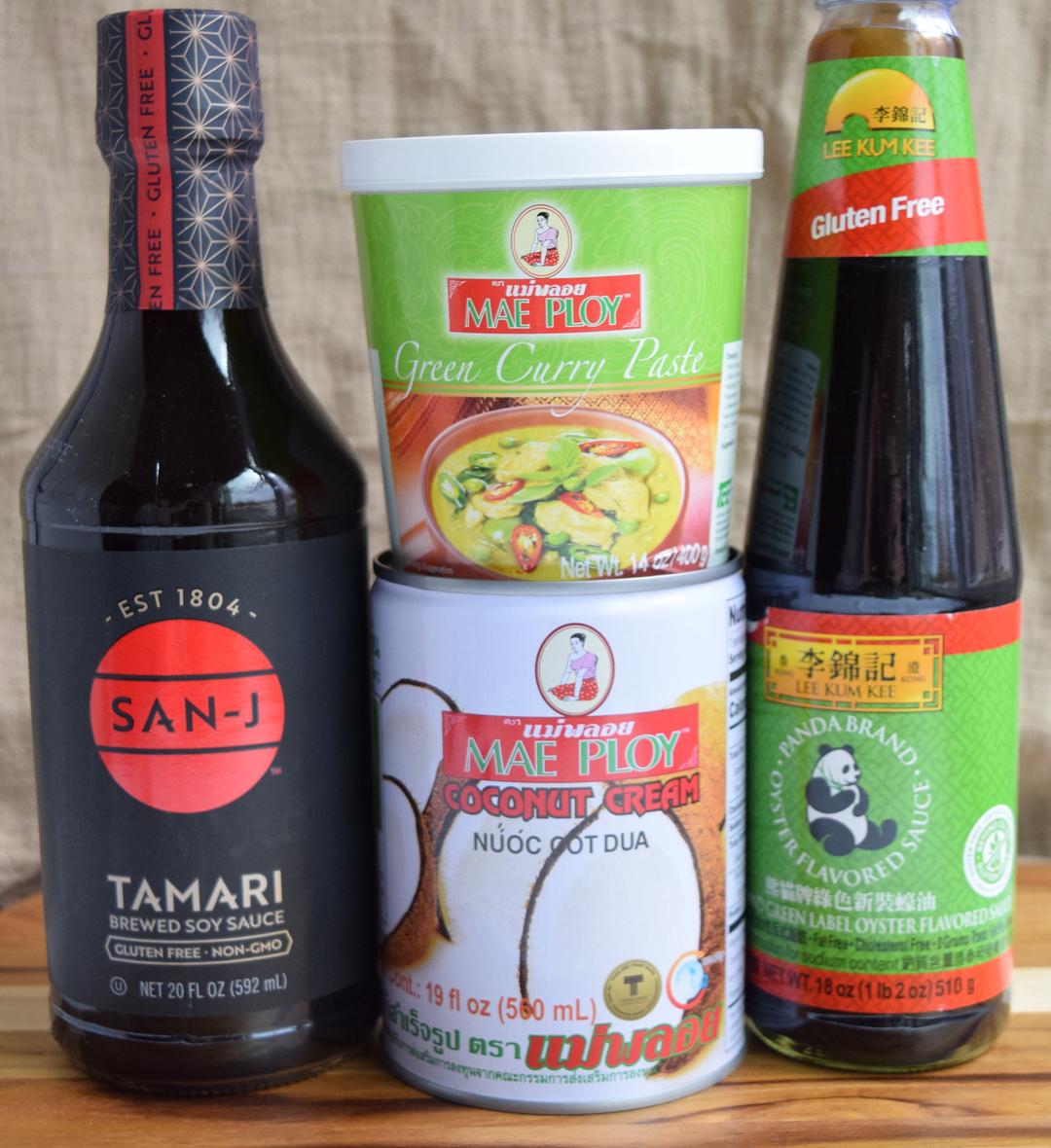 tamari, canned coconut milk, curry paste, and oyster sauce