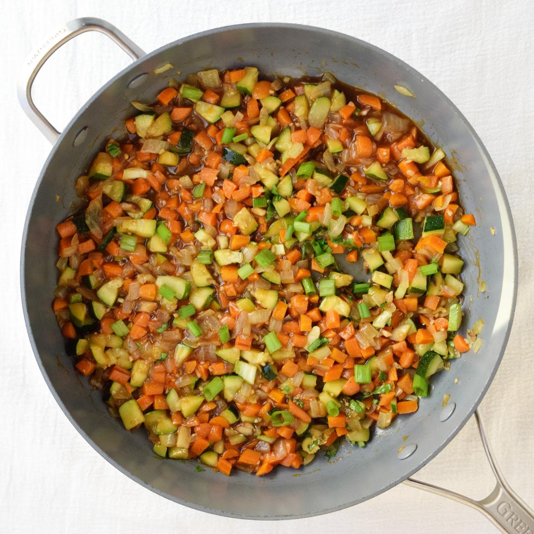 sauteed vegetables coated in marinade